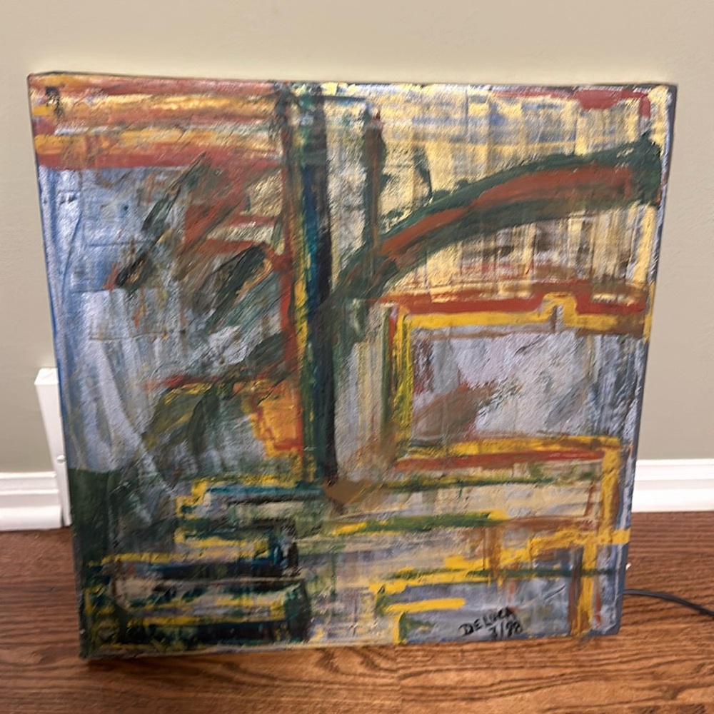 Original abstract painting artwork signed artist Diego DeLuca 1999, 19” square